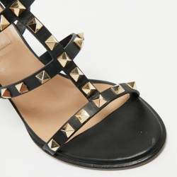 Pre Owned Valentino Black Leather Rockstud Block Heel Strappy Sandals Size 37.5