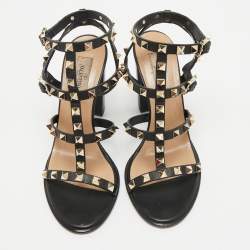 Pre Owned Valentino Black Leather Rockstud Block Heel Strappy Sandals Size 37.5