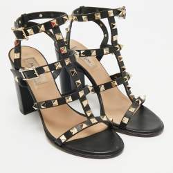 Pre Owned Valentino Black Leather Rockstud Block Heel Strappy Sandals Size 37.5