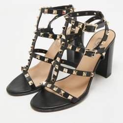 Pre Owned Valentino Black Leather Rockstud Block Heel Strappy Sandals Size 37.5
