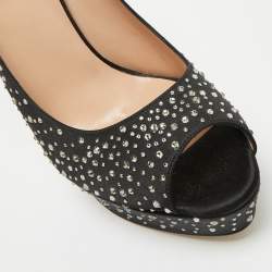 Pre Owned Valentino Black Crystal Embellished Satin Peep Toe Platform Pumps Size 41