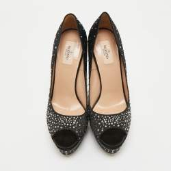 Pre Owned Valentino Black Crystal Embellished Satin Peep Toe Platform Pumps Size 41
