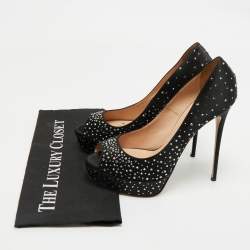 Pre Owned Valentino Black Crystal Embellished Satin Peep Toe Platform Pumps Size 41
