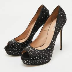 Pre Owned Valentino Black Crystal Embellished Satin Peep Toe Platform Pumps Size 41
