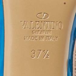 Pre Owned Valentino Blue/Beige Patent Leather And Leather Rockstud Ankle Strap Sandals Size 37.5
