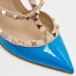 Pre Owned Valentino Blue/Beige Patent Leather And Leather Rockstud Ankle Strap Sandals Size 37.5