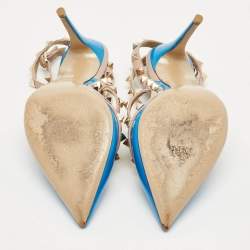 Pre Owned Valentino Blue/Beige Patent Leather And Leather Rockstud Ankle Strap Sandals Size 37.5