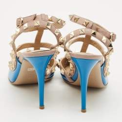 Pre Owned Valentino Blue/Beige Patent Leather And Leather Rockstud Ankle Strap Sandals Size 37.5