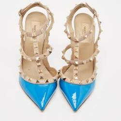 Pre Owned Valentino Blue/Beige Patent Leather And Leather Rockstud Ankle Strap Sandals Size 37.5