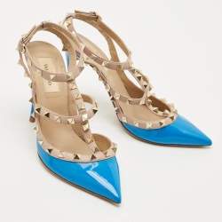Pre Owned Valentino Blue/Beige Patent Leather And Leather Rockstud Ankle Strap Sandals Size 37.5