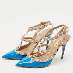Pre Owned Valentino Blue/Beige Patent Leather And Leather Rockstud Ankle Strap Sandals Size 37.5