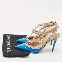 Pre Owned Valentino Blue/Beige Patent Leather And Leather Rockstud Ankle Strap Sandals Size 37.5