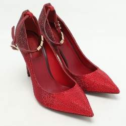 Pre Owned Valentino Burgundy Suede Crystal Embellished Ankle Strap Pumps Size 37