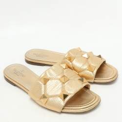 Pre Owned Valentino Gold Quilted Leather Roman Stud Flat Slides Size 38.5