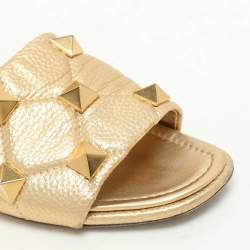 Pre Owned Valentino Gold Quilted Leather Roman Stud Flat Slides Size 38.5