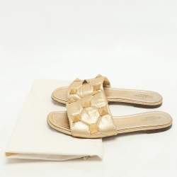 Pre Owned Valentino Gold Quilted Leather Roman Stud Flat Slides Size 38.5