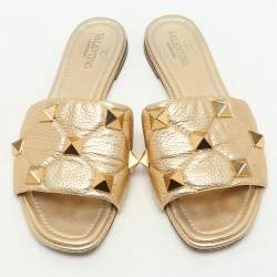 Pre Owned Valentino Gold Quilted Leather Roman Stud Flat Slides Size 38.5