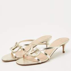 Pre Owned Valentino Metallic Leather VLogo Signature Slide Sandals Size 36