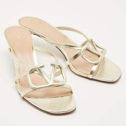 Pre Owned Valentino Metallic Leather VLogo Signature Slide Sandals Size 36