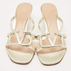 Pre Owned Valentino Metallic Leather VLogo Signature Slide Sandals Size 36