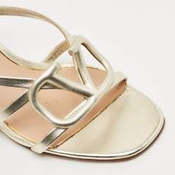 Pre Owned Valentino Metallic Leather VLogo Signature Slide Sandals Size 36