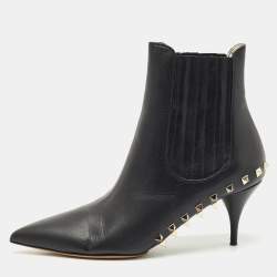 Valentino Black Leather Rockstud Pointed Toe Ankle Boots Size 39