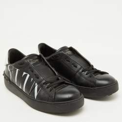 Pre Owned Valentino Black/White Leather VLTN Open Rockstud Low Top Sneakers Size 39