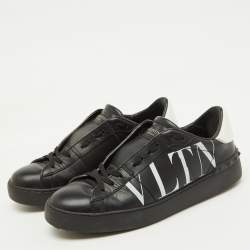 Pre Owned Valentino Black/White Leather VLTN Open Rockstud Low Top Sneakers Size 39