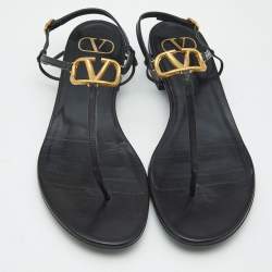 Pre Owned Valentino Black Leather VLogo Thong Sandals Size 40
