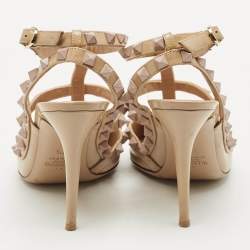 Pre Owned Valentino Beige Patent Leather Rockstud Caged Pumps Size 37.5