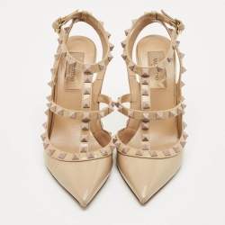 Pre Owned Valentino Beige Patent Leather Rockstud Caged Pumps Size 37.5