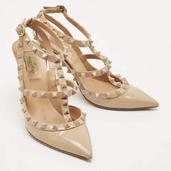 Pre Owned Valentino Beige Patent Leather Rockstud Caged Pumps Size 37.5