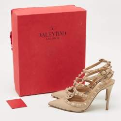 Pre Owned Valentino Beige Patent Leather Rockstud Caged Pumps Size 37.5