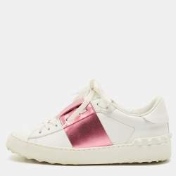 Valentino White/Pink Leather Rockstud Lace Up  Sneakers Size 37