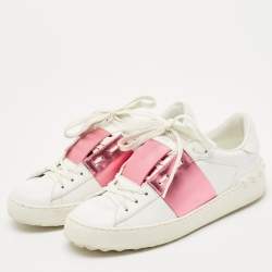 Valentino White/Pink Leather Rockstud Lace Up  Sneakers Size 37