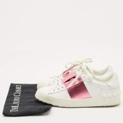 Valentino White/Pink Leather Rockstud Lace Up  Sneakers Size 37