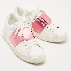 Valentino White/Pink Leather Rockstud Lace Up  Sneakers Size 37