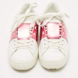 Valentino White/Pink Leather Rockstud Lace Up  Sneakers Size 37