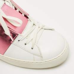 Valentino White/Pink Leather Rockstud Lace Up  Sneakers Size 37