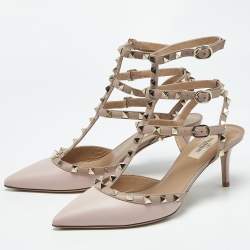 Pre Owned Valentino Dusty Pink Leather Rockstud Ankle Strap Pumps Size 39