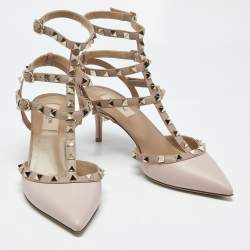 Pre Owned Valentino Dusty Pink Leather Rockstud Ankle Strap Pumps Size 39
