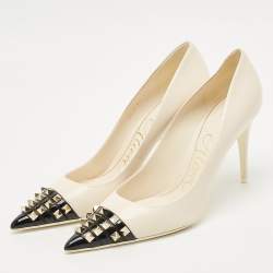 Pre Owned Valentino Cream/Black Patent Leather Rockstud Alcove Pumps Size 41