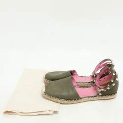 Pre Owned Valentino Olive Green Leather Rockstud Ankle Strap Espadrille Flats Size 40