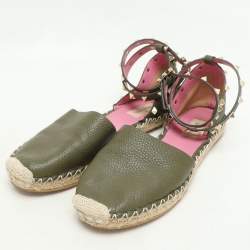 Pre Owned Valentino Olive Green Leather Rockstud Ankle Strap Espadrille Flats Size 40