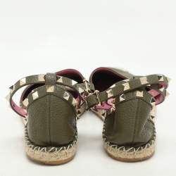 Pre Owned Valentino Olive Green Leather Rockstud Ankle Strap Espadrille Flats Size 40