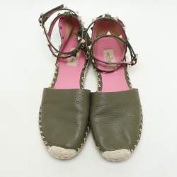 Pre Owned Valentino Olive Green Leather Rockstud Ankle Strap Espadrille Flats Size 40