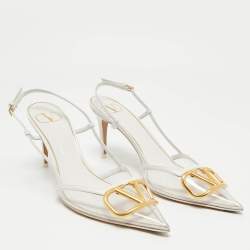 Pre Owned Valentino White/Transparent Leather VLogo Slingback Pumps Size 39.5