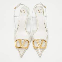 Pre Owned Valentino White/Transparent Leather VLogo Slingback Pumps Size 39.5