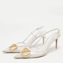 Pre Owned Valentino White/Transparent Leather VLogo Slingback Pumps Size 39.5