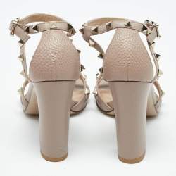 Pre Owned Valentino Beige Leather Rockstud Ankle Strap Sandals Size 36.5